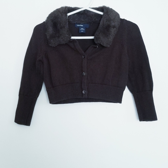 Baby GAP Brown Cardigan Sweater Faux Fur Collar Size 6-12 Months - Picture 4 of 10